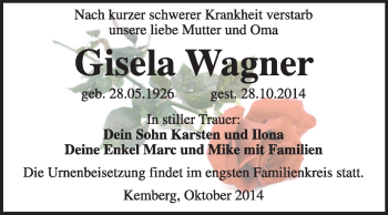 Traueranzeige von Gisela Wagner von Super Sonntag Wittenberg