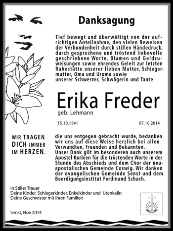 Traueranzeige von Erika Freder von Super Sonntag Wittenberg