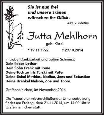 Traueranzeige von Jutta Mehlhorn von WVG - Wochenspiegel Wittenberg