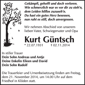 Traueranzeige von Kurt Güntsch von WVG - Wochenspiegel Wittenberg