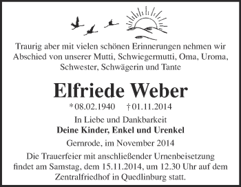Traueranzeige von Elfriede Weber von WVG - Wochenspiegel Quedlinburg
