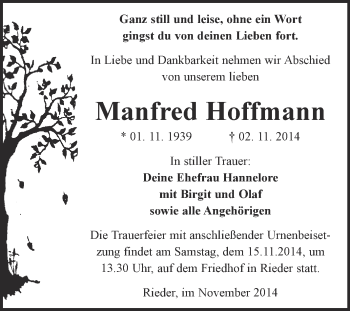 Traueranzeige von Manfred Hoffmann von WVG - Wochenspiegel Quedlinburg