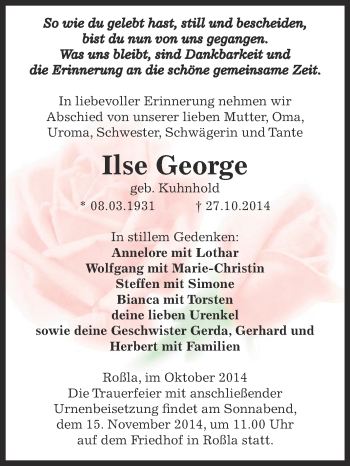 Traueranzeige von Ilse George von Super Sonntag SGH Mansf. Land