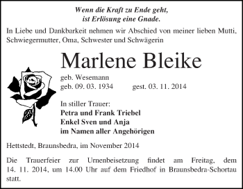 Traueranzeige von Marlene Bleike von WVG - Wochenspiegel Merseburg