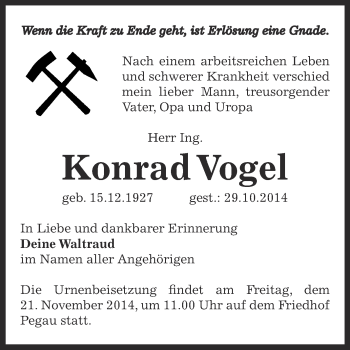 Traueranzeige von Konrad Vogel von Super Sonntag Zeitz