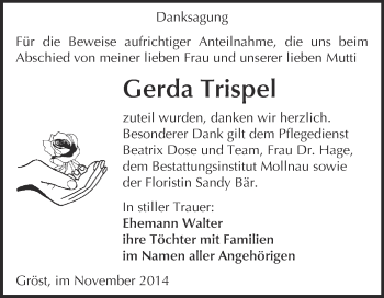 Traueranzeige von Gerda Trispel von WVG - Wochenspiegel Merseburg