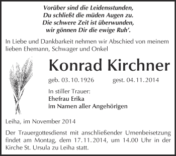 Traueranzeige von Konrad Kirchner von WVG - Wochenspiegel Merseburg