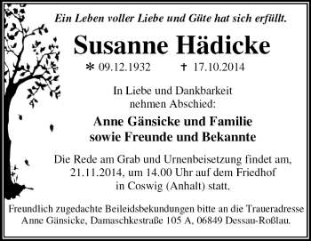 Traueranzeige von Susanne Hädicke von Super Sonntag Dessau / Köthen