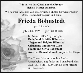 Traueranzeige von Frieda Böhnstedt von Super Sonntag Quedlinburg