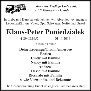 Traueranzeige von Klaus-Peter Poniedzialek von WVG - Wochenspiegel Dessau / Köthen