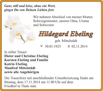 Traueranzeige von Hildegard Ebeling von Super Sonntag Quedlinburg
