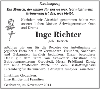 Traueranzeige von Inge Richter von Wochenspiegel Mansfelder Land
