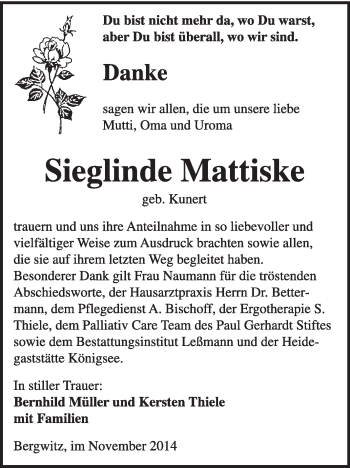 Traueranzeige von Sieglinde Mattiske von WVG - Wochenspiegel Wittenberg