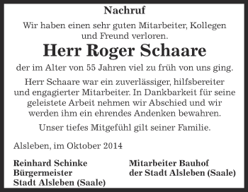 Traueranzeige von Roger Schaare von Super Sonntag Bernburg