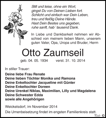 Traueranzeige von Otto Zaumseil von Super Sonntag Zeitz