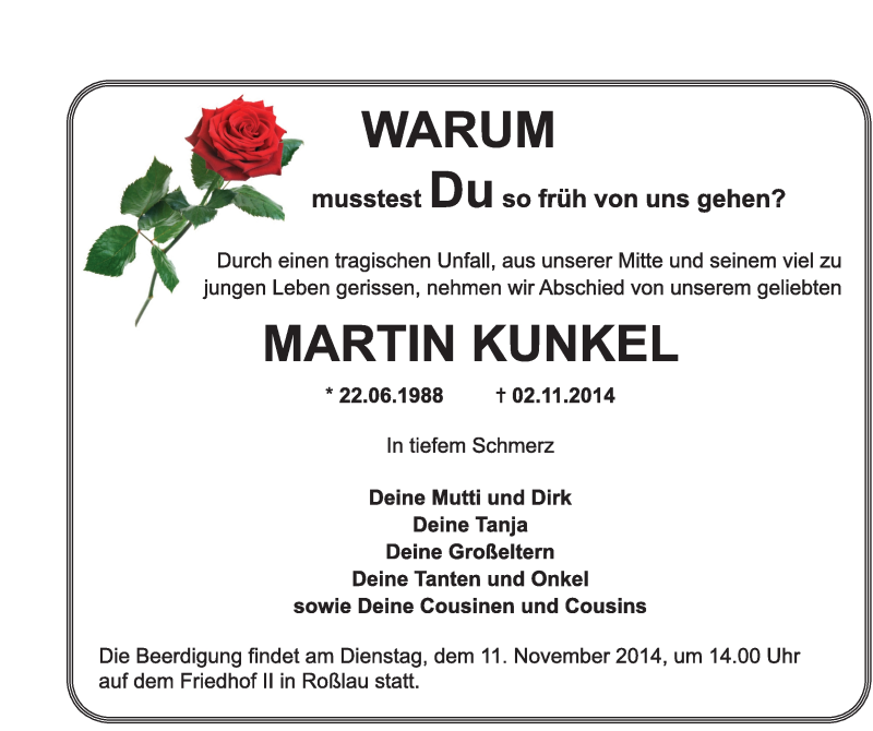  Traueranzeige für Martin  Kunkel vom 09.11.2014 aus Super Sonntag Dessau / Köthen