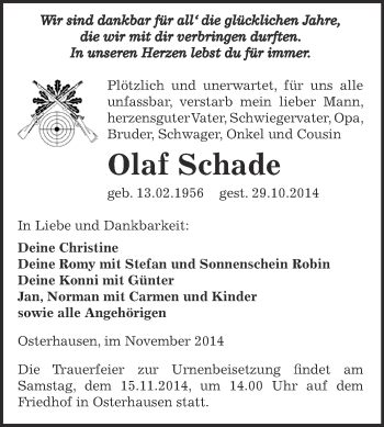 Traueranzeige von Olaf Schade von WVG - Wochenspiegel SGH