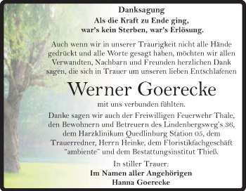 Traueranzeige von Werner Goerecke von Super Sonntag Quedlinburg