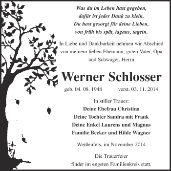 Traueranzeige von Werner Schlosser von WVG - Wochenspiegel NMB / WSF / ZTZ