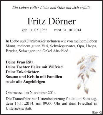 Traueranzeige von Fritz Dörner von WVG - Wochenspiegel NMB / WSF / ZTZ