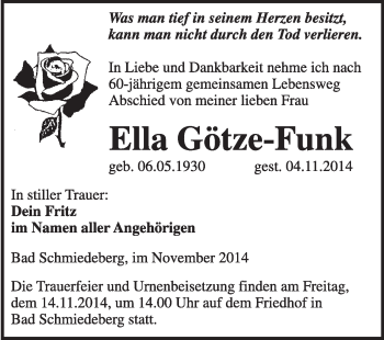 Traueranzeige von Ella Götze-Funk von WVG - Wochenspiegel Wittenberg