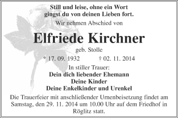 Traueranzeige von Elfriede Kirchner von Super Sonntag Merseburg