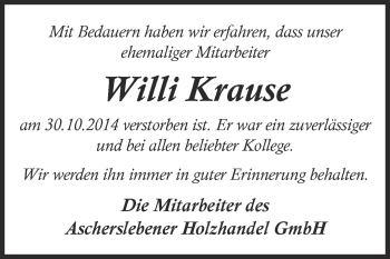 Traueranzeige von Willi Krause von Super Sonntag Aschersleben