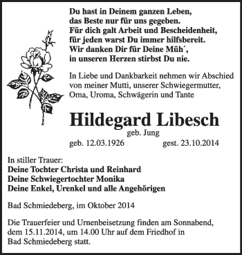 Traueranzeige von Hildegard Libesch von WVG - Wochenspiegel Wittenberg
