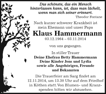 Traueranzeige von Klaus Hammermann von WVG - Wochenspiegel Dessau / Köthen