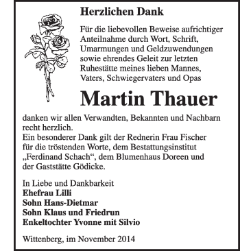 Traueranzeige von Martin Thauer von WVG - Wochenspiegel Wittenberg