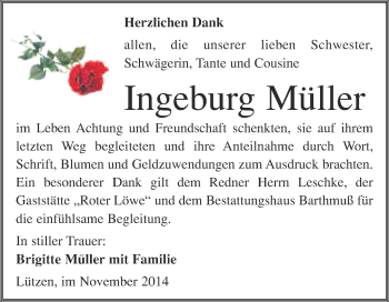 Traueranzeige von Ingeburg Müller von WVG - Wochenspiegel Merseburg