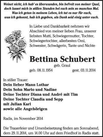 Traueranzeige von Bettina Schubert von WVG - Wochenspiegel Wittenberg