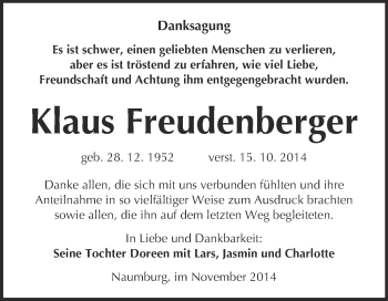 Traueranzeige von Klaus Freudenberger von WVG - Wochenspiegel NMB / WSF / ZTZ