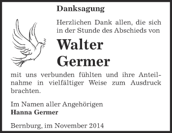 Traueranzeige von Walter Germer von Super Sonntag Bernburg
