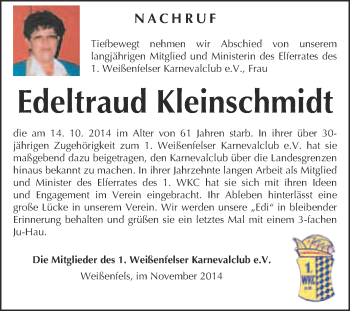 Traueranzeige von Edeltraud Kleinschmidt von WVG - Wochenspiegel NMB / WSF / ZTZ
