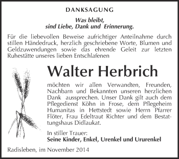 Traueranzeige von Walter Herbrich von WVG - Wochenspiegel Quedlinburg
