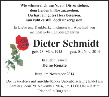 Traueranzeige von Dieter Schmidt von WVG - Wochenspiegel NMB / WSF / ZTZ