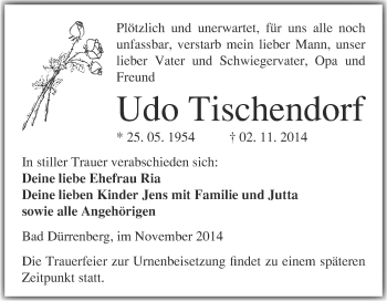 Traueranzeige von Udo Tischendorf von Super Sonntag Merseburg