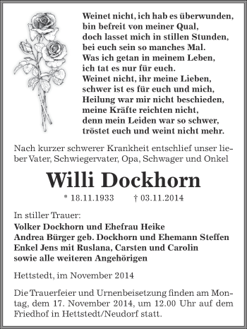 Traueranzeige von Willi Dockhorn von Wochenspiegel Mansfelder Land