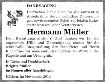 Traueranzeige von Hermann Müller von WVG - Wochenspiegel Dessau / Köthen
