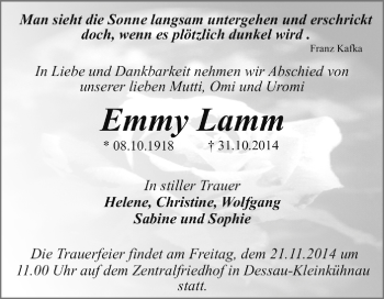 Traueranzeige von Emmy Lamm von Super Sonntag Dessau / Köthen