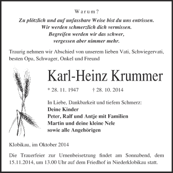 Traueranzeige von Karl-Heinz Krummer von WVG - Wochenspiegel Merseburg