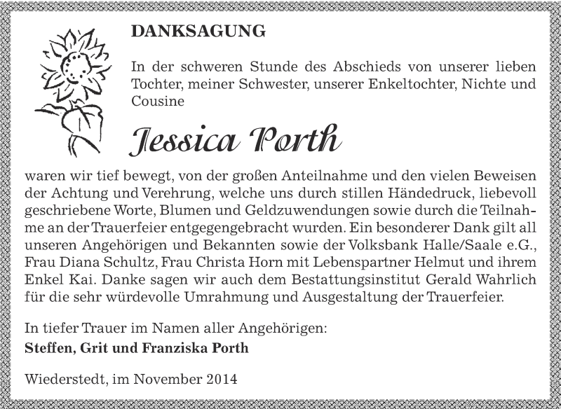  Traueranzeige für Jessica Porth vom 09.11.2014 aus Super Sonntag SGH Mansf. Land