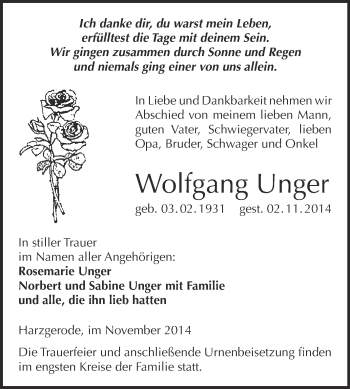 Traueranzeige von Wolfgang Unger  von Super Sonntag Quedlinburg