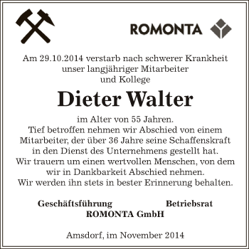 Traueranzeige von Dieter Walter von Super Sonntag SGH Mansf. Land
