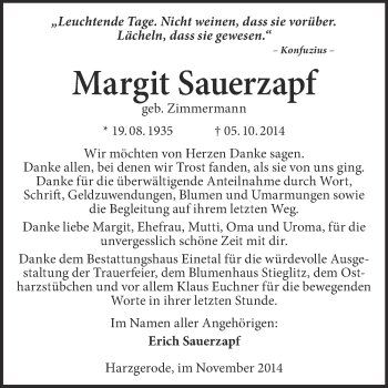 Traueranzeige von Margit Sauerzapf von Super Sonntag Quedlinburg