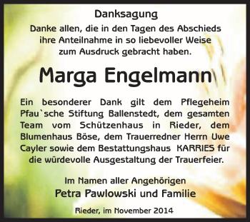 Traueranzeige von Marga Engelmann von WVG - Wochenspiegel Quedlinburg