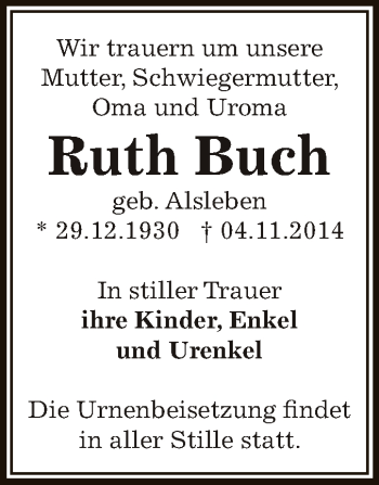 Traueranzeige von Ruth Buch von Super Sonntag Bernburg