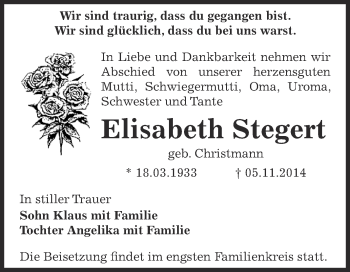 Traueranzeige von Elisabeth Stegert von Super Sonntag Bernburg