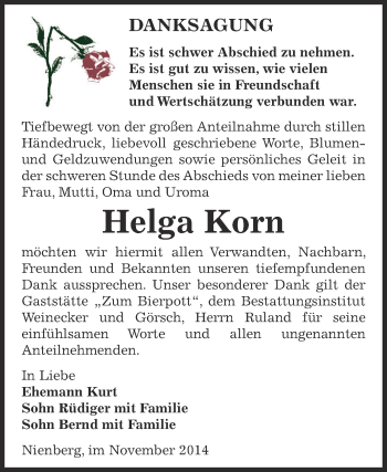 Traueranzeige von Helga Korn von Super Sonntag Bernburg